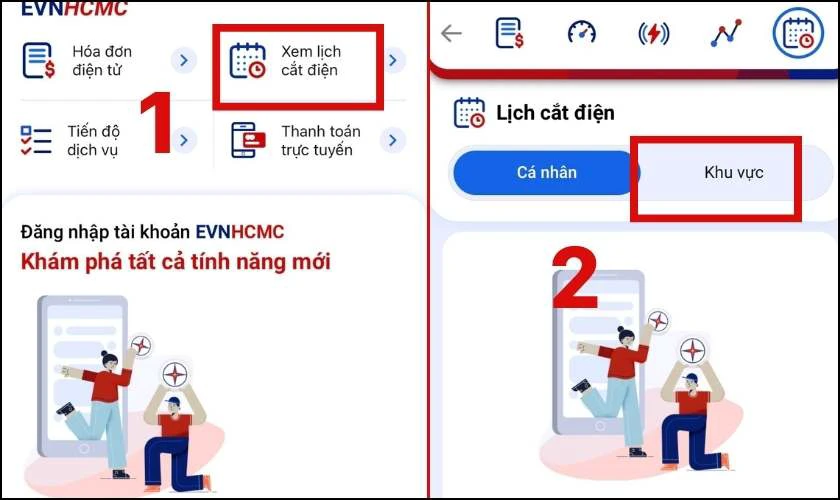 Ấn vào mục Xem lịch cắt điện và chọn Khu vực