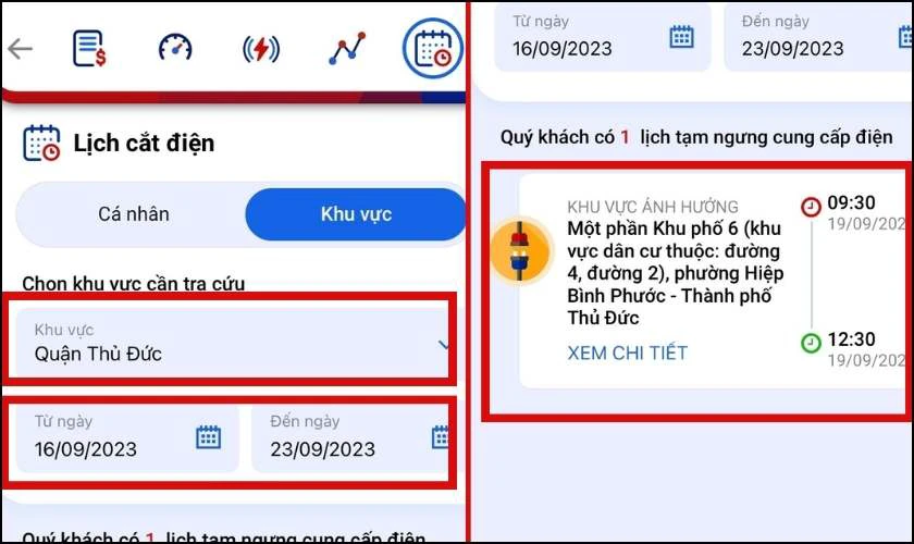 Chọn dữ liệu vào ô Khu vực và thời gian cần tìm