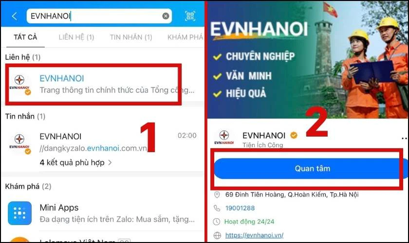 Nhập vào ô tìm kiếm thông tin điện lực và nhấn vào Quan tâm