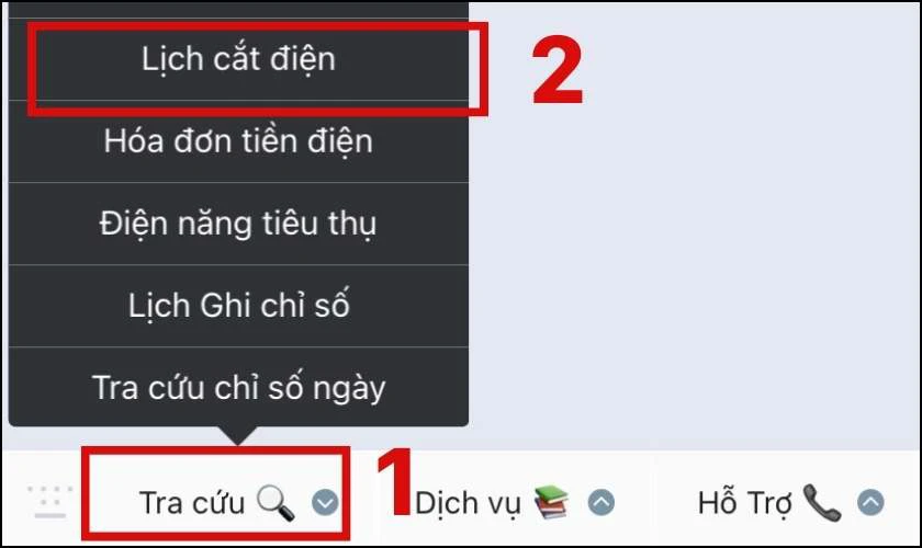Bấm vào Tra cứu phía dưới khung và chọn Lịch cắt điện