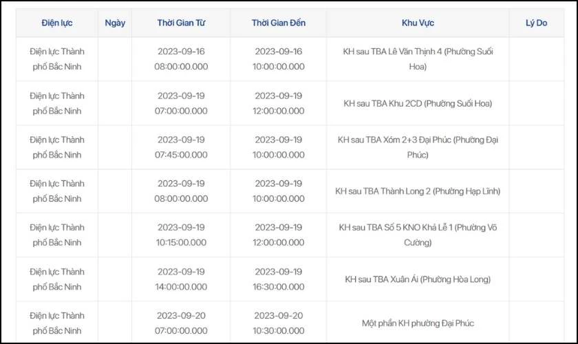 Hiển thị lịch cúp điện tại khu vực tìm kiếm