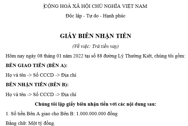 Giấy biên nhận tiền về cơ bản, đây là một loại chứng từ bằng văn bản, có giá trị xác nhận việc một bên (người giao tiền) đã giao một khoản tiền cụ thể cho một bên khác (người nhận tiền) vào một thời điểm nhất định cho một mục đích cụ thể