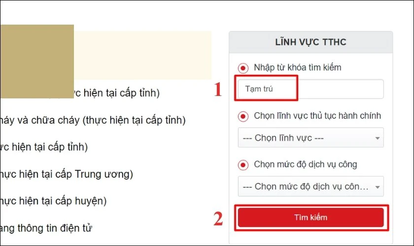 Không cần đi lại! Đăng ký tạm trú online ngay và luôn. Nhập từ khóa Tạm trú và nhấn Tìm kiếm