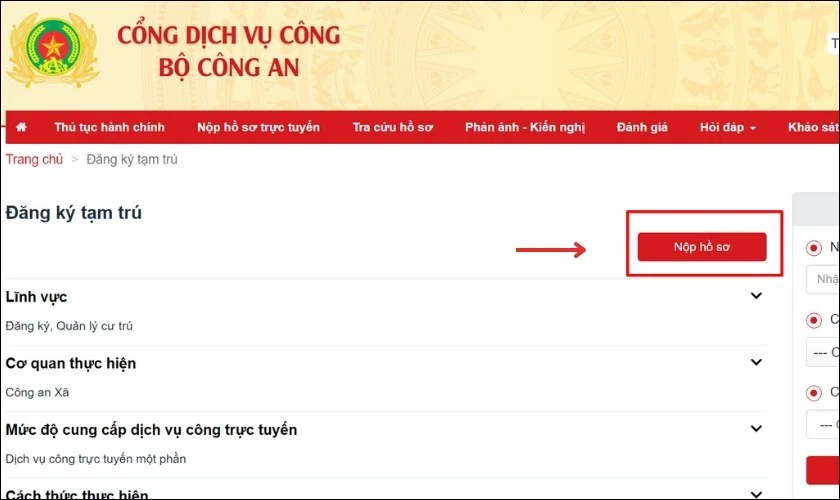 Không cần đi lại! Đăng ký tạm trú online ngay và luôn. Chọn mục Nộp hồ sơ