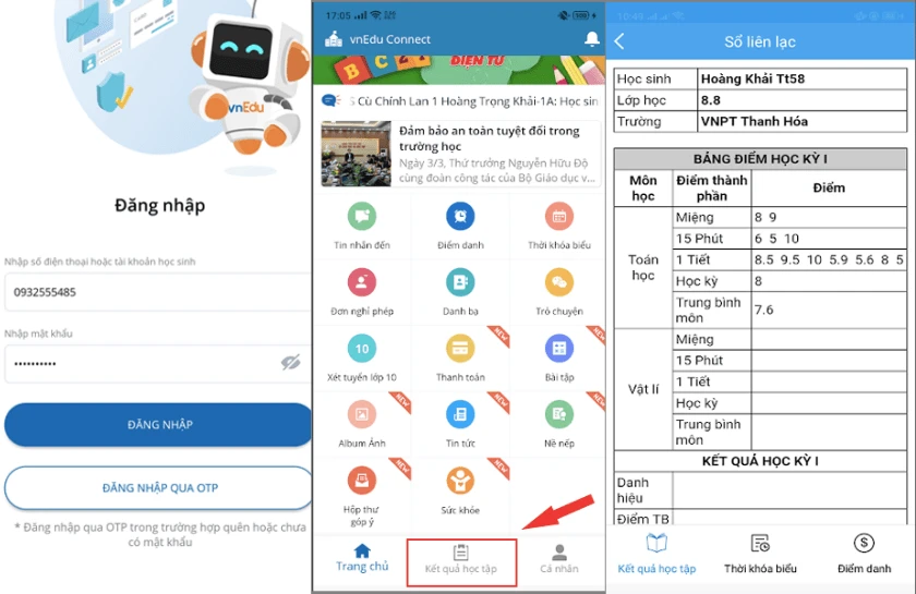 Vnedu sổ liên lạc tra cứu kết quả học tập trên điện thoại và máy tính